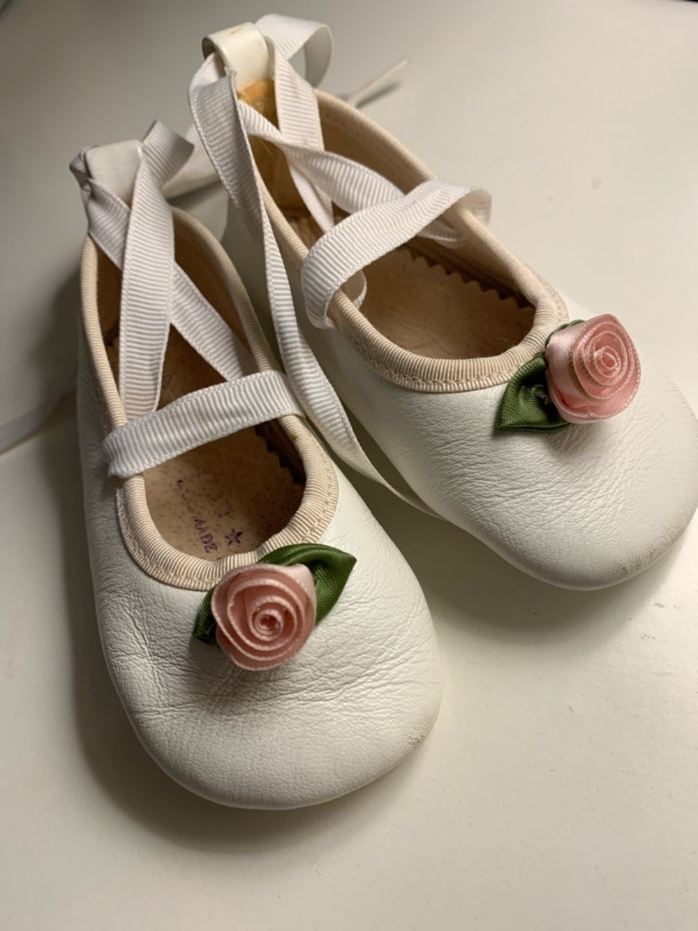 Bear ⭐️ Lerina Vintage handmade leather Ballet Flats with Pink Rose Accent